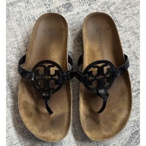 Tory Burch Women Miller Cloud Black Patent Leather Cork Sole Sandals SIZE 8M